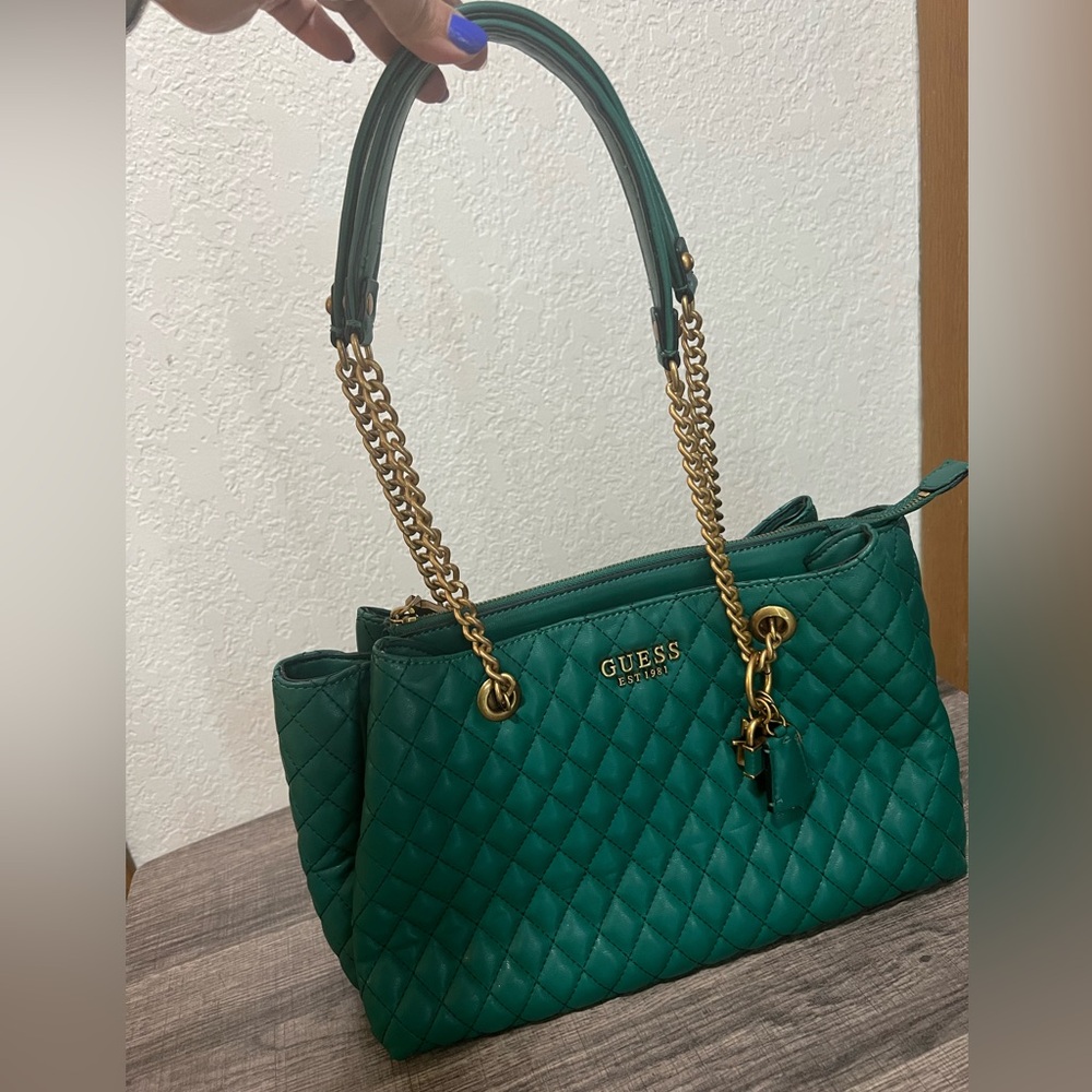Guess Emerald Quilted Shoulder Bag with Gold Chain